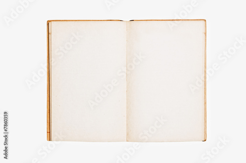 Open vintage book on white background.