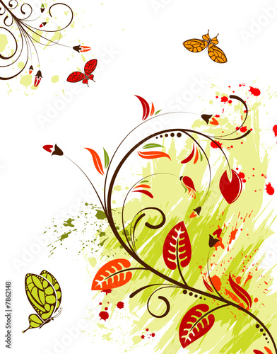 Grunge flower background with butterfly  vector illustration