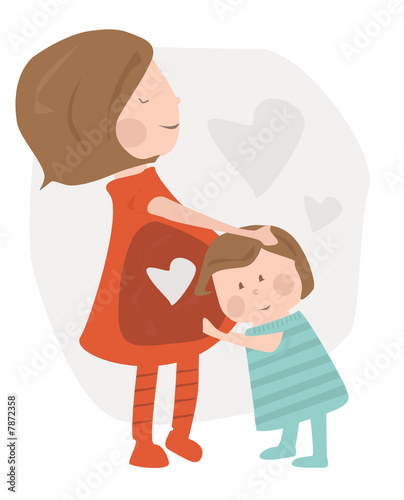 Madre embarazada e hijo abrazados. Ilustración de amor maternal. Abrazos. Bebé en la panza de mamá. Escuchar al hermanito.