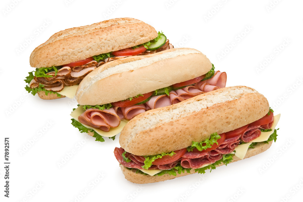 Three delicious sandwiches isolated on white Three delicious sandwiches isolated on white