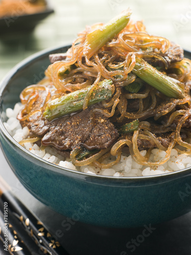 Sweet Soy Beef Fillet With Shirakaki Noodles on Rice with Shichi photo