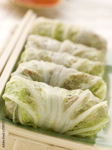 Steamed Pork and Vegetable Cabbage Rolls With Sweet Chili Sauce