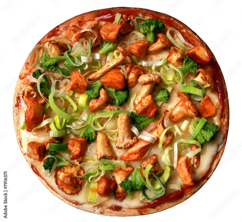 Pizza, lauch, pilzen, tomaten, chicken, huhn