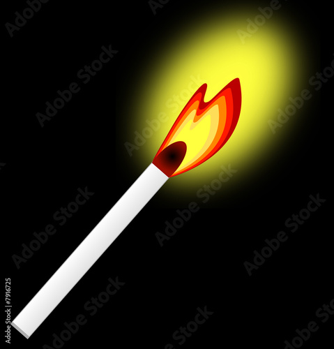 glowing burning match on black background - illustration