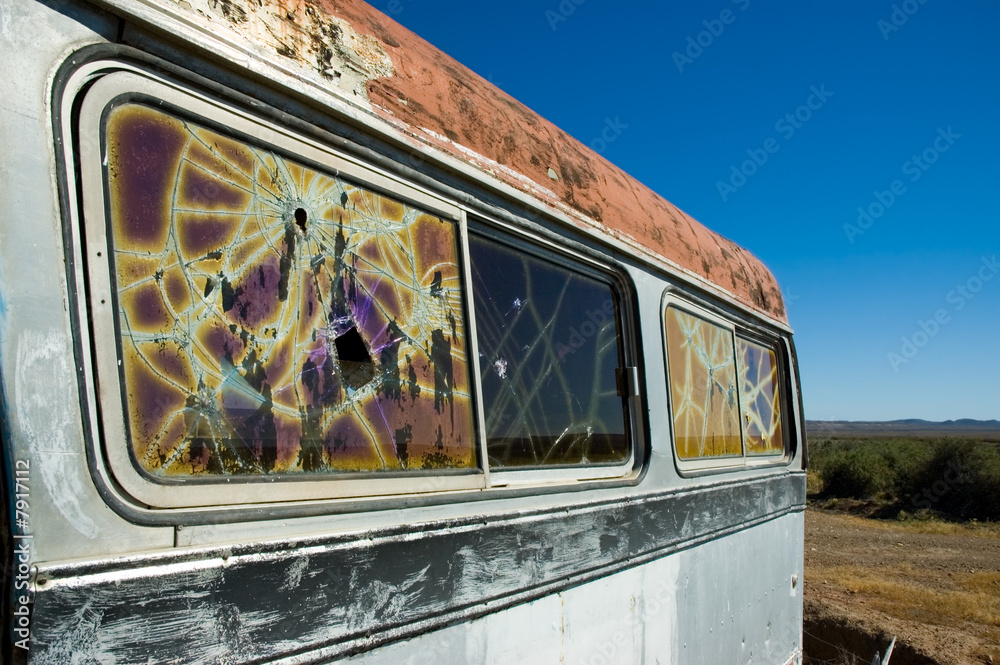 abandoned bus in the patagonian steppe.