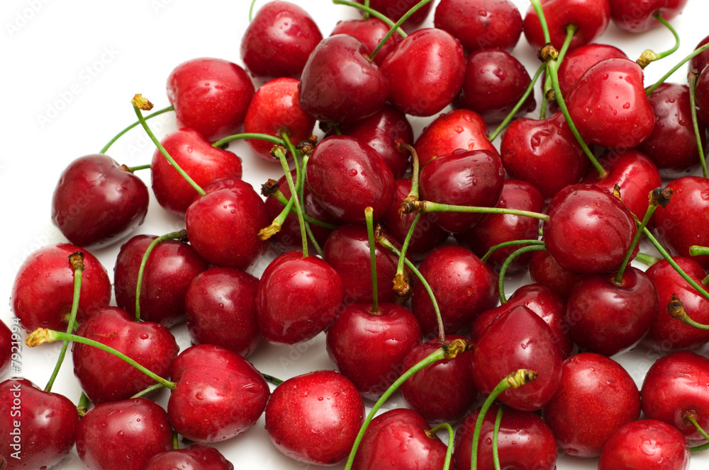 fresh wet cherry on white background fresh wet cherry on white background