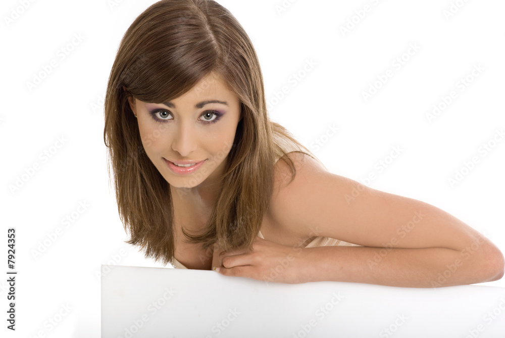 beautiful smiling girl holding a blank billboard. beautiful smiling girl holding a blank billboard.