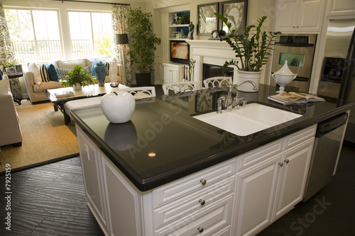Luxury kitchen with a modern granite island.