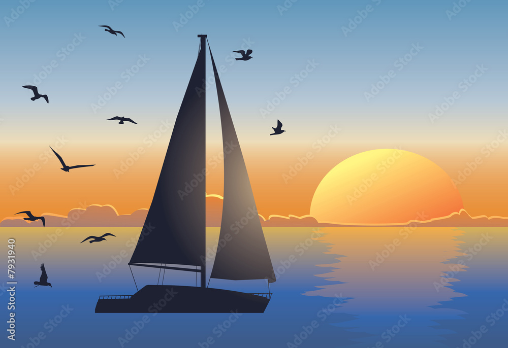 Sunset seascape with sailboat