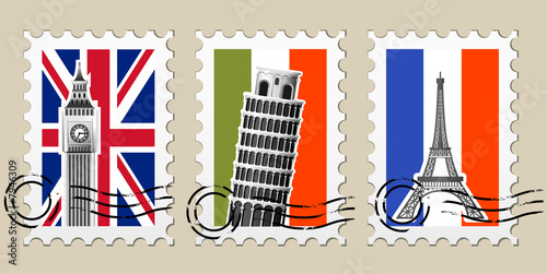 Photography Three Postmarks with sights of Europe and stamps