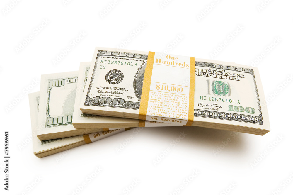 Ten thousand dollar stacks on the white Ten thousand dollar stacks on the white