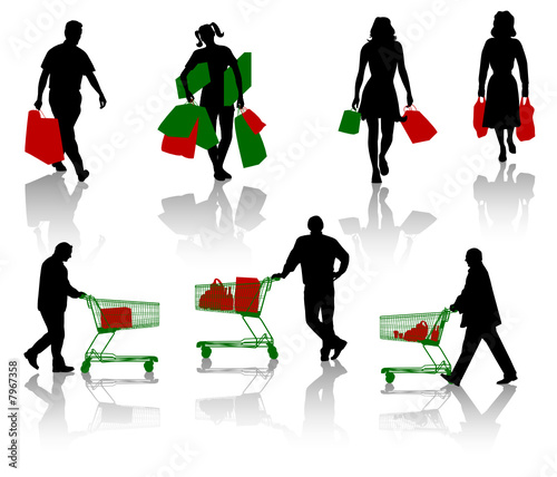 Silhouettes of people with purchases.