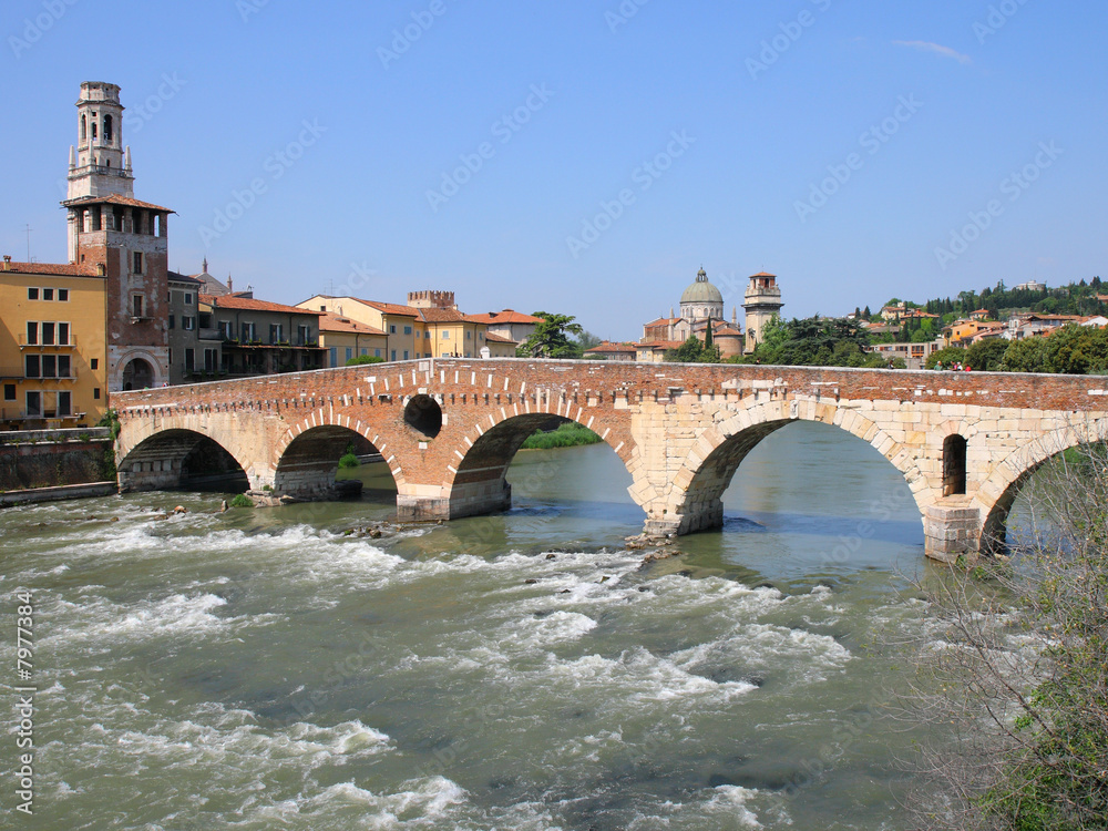 View of Verona, Italy. Adige river, St Peter bridge.