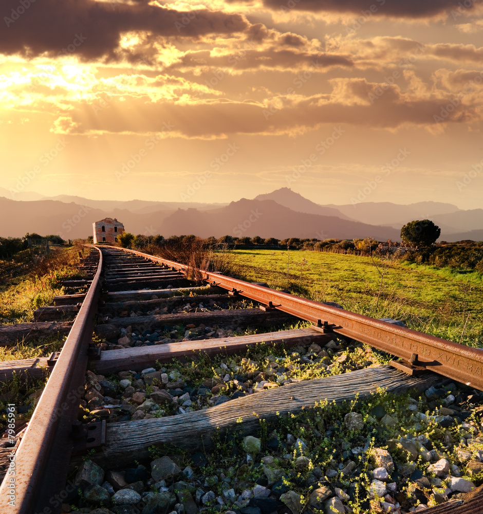 Fototapeta premium landscape for a old railway abandoned at the sunset