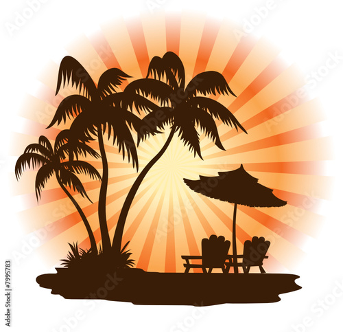 Sunset, beach, palm, chairs and umbrella
