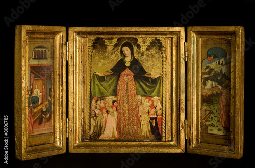 Fotografering Triptych with Virgin and Child flanked by archangels