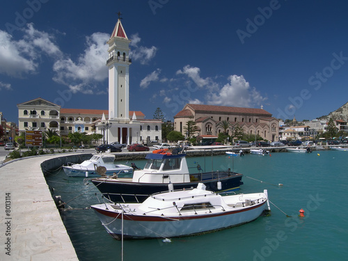 Zakynthos harbor with church of Saint Dionysius.