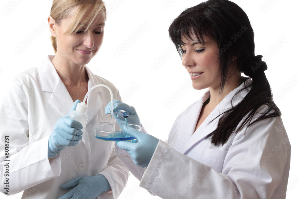 Fototapeta premium Scientists with test tube, bottle and petri dish