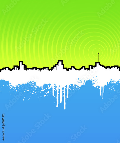 Grunge cityscape background with music antenna