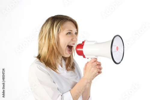 Woman shouting in megaphone photo