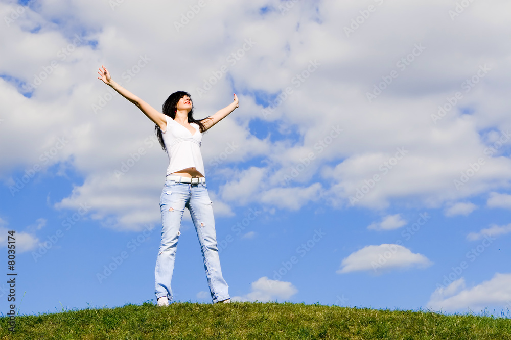 happy young woman dreams to fly on winds happy young woman dreams to fly on winds