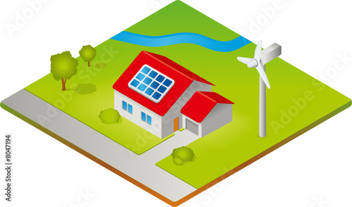 Haus mit Solarzellen und Windkraftanlage - Isometrie