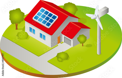 Haus mit Solarzellen und Windkraftanlage - Isometrie