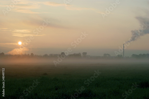 morning fog hangs over the city