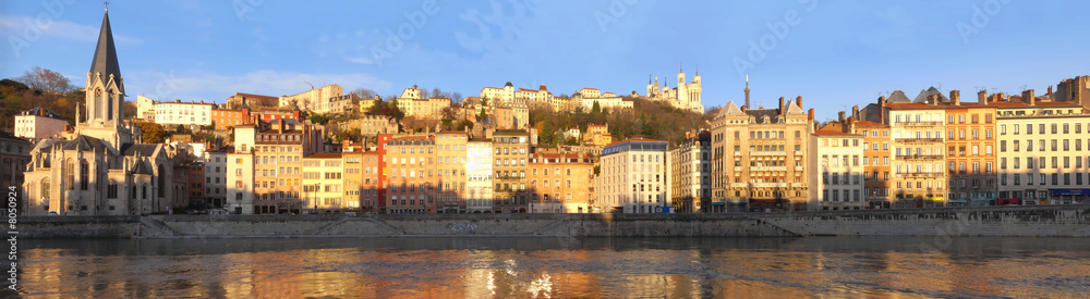 Old town of Lyon panorama from the Saone quay with Fourviere
