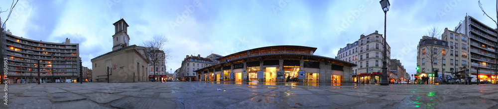 360° panorama of Aligre market place twilight
