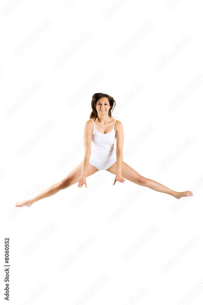 a beautiful smiling woman is jumping isolated a beautiful smiling woman is jumping isolated