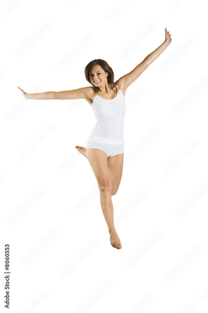 a beautiful smiling woman is jumping isolated