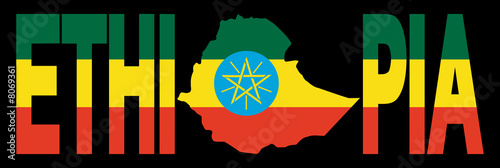 Ethiopia text with map on Ethiopian flag illustration photo