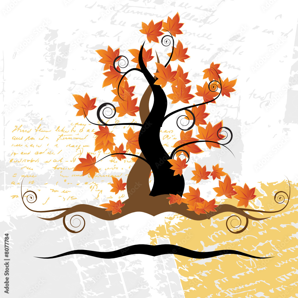 Old tree, grass, autumn, grunge background