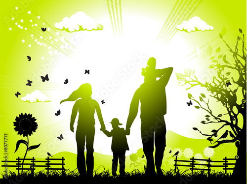 Happy family walks on nature, sunset