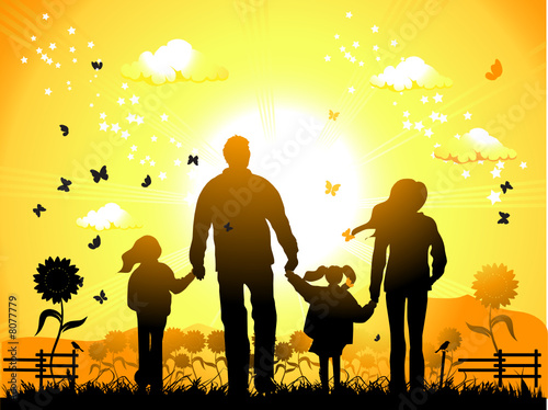 Happy family walks on nature, sunset