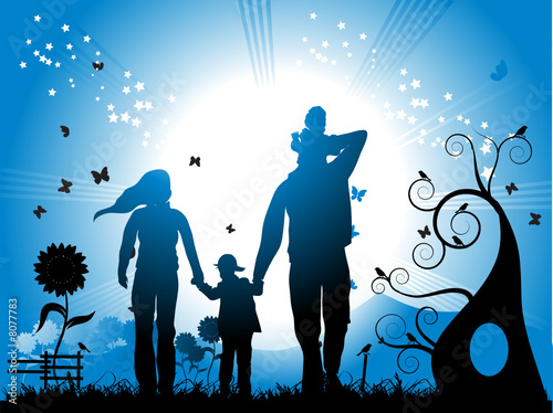 Happy family walks on nature, sunset