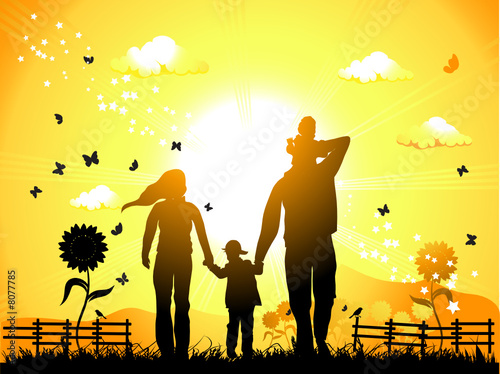 Happy family walks on nature, sunset