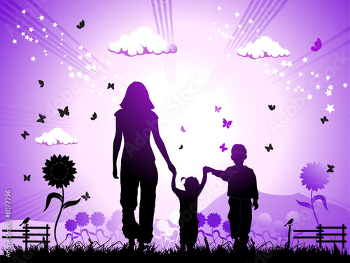 Happy family walks on nature, sunset