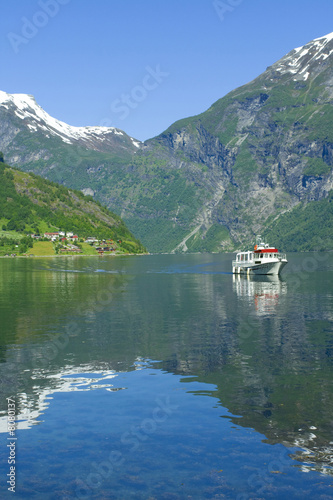 Boat in the ocean, Geiranger Fjord