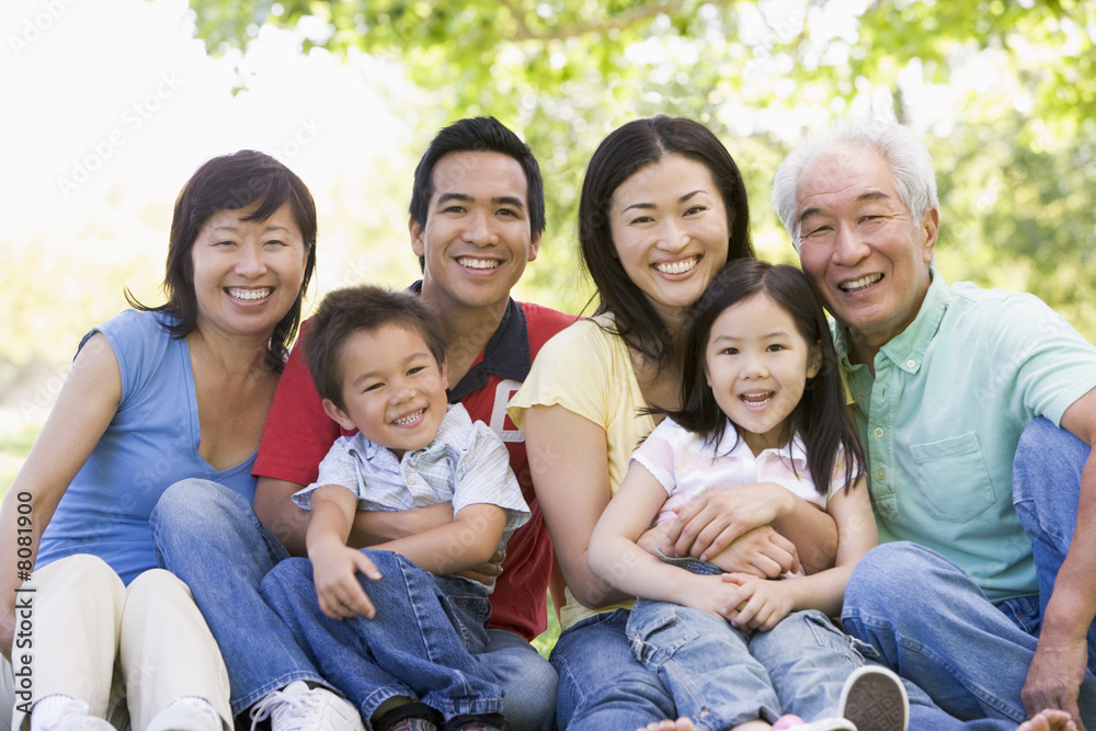 Fototapeta premium Extended family sitting outdoors smiling