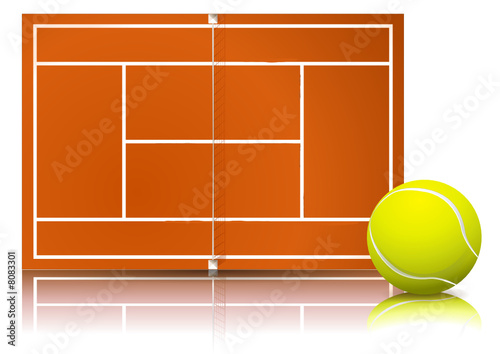 Court de tennis sur terre battue et sa balle (reflet paysage)
