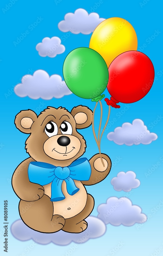 Teddy bear with color balloons on blue sky. Teddy bear with color balloons on blue sky.