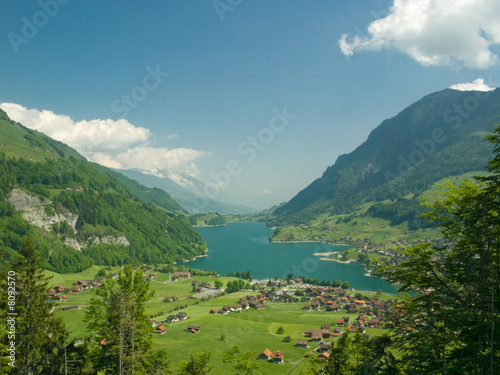 Swiss Alpine village and lake