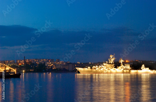 Russian warship in the evening bay. © Pavlo Vakhrushev