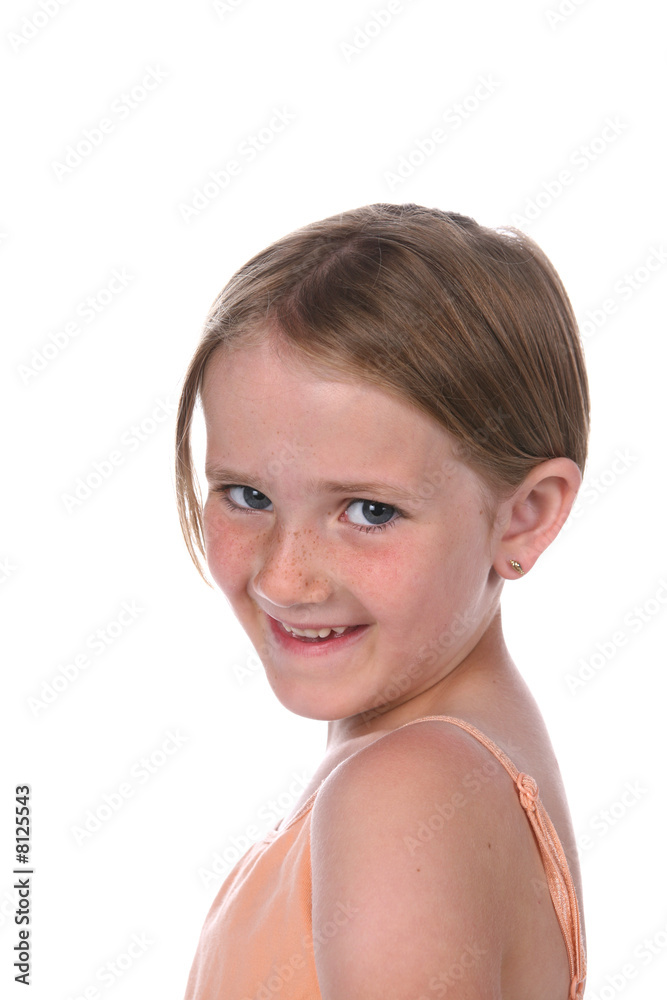 pretty little girl with short hair, freckles, and earrings. pretty little girl with short hair, freckles, and earrings.