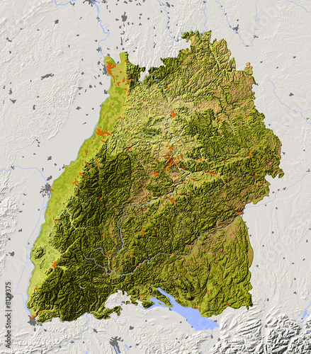 Reliefkarte von Baden-Württemberg. Farbgebung nach Vegetation