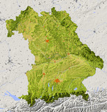Reliefkarte von Bayern, Deutschland. Farbgebung nach Vegetation