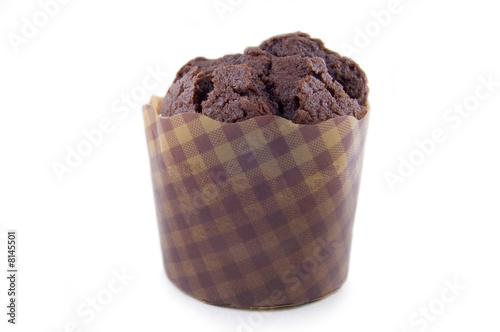A chocolate muffin isolated on white