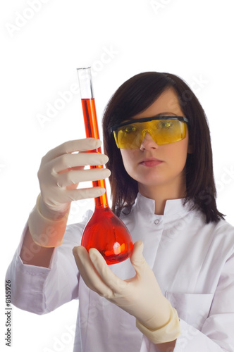 Woman with chemical tubes in the labatory on white photo